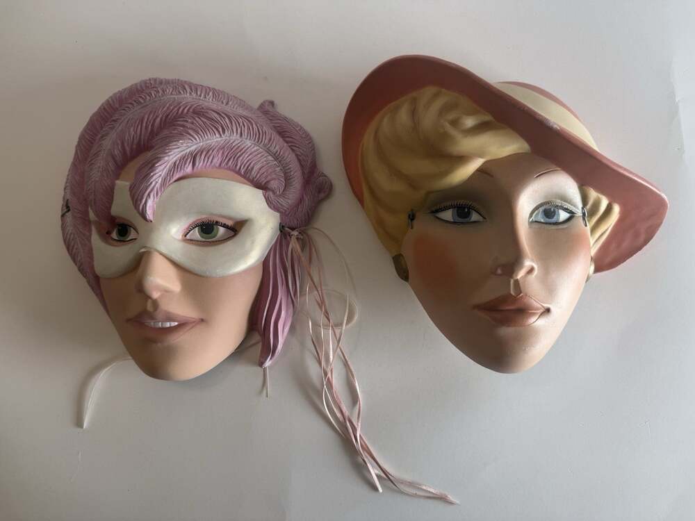 Lot of 2 Ceramic Woman Face Wall Masks Vintage Decor Hat & Eye Mask